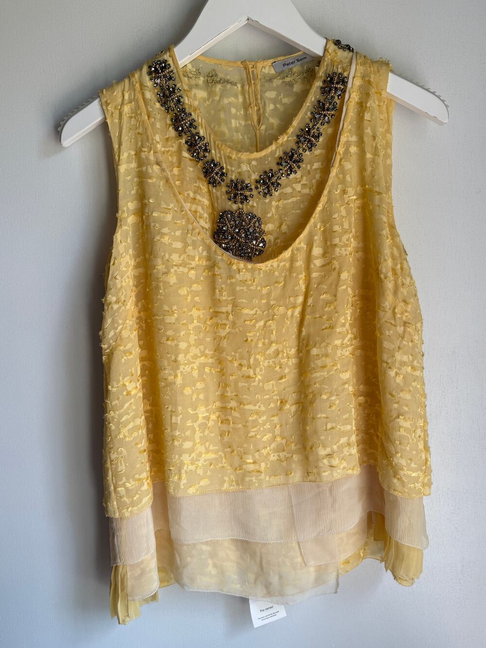 Peter Som Silk Blend Embellished Sleeveless Top Yellow Beaded Layered Blouse